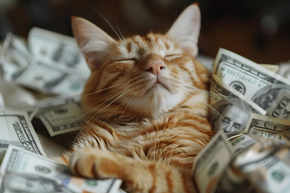 Un chat dort paisiblement entouré de billets de banque